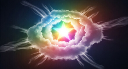 Vibrant star-like light surrounded by swirling, rainbow-colored cosmic clouds, radiating energy in an abstract, ethereal composition.
