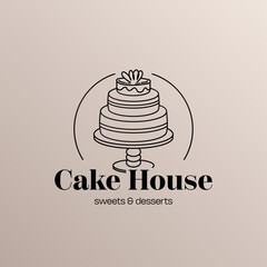 Cake house logo with a cake in line style. 