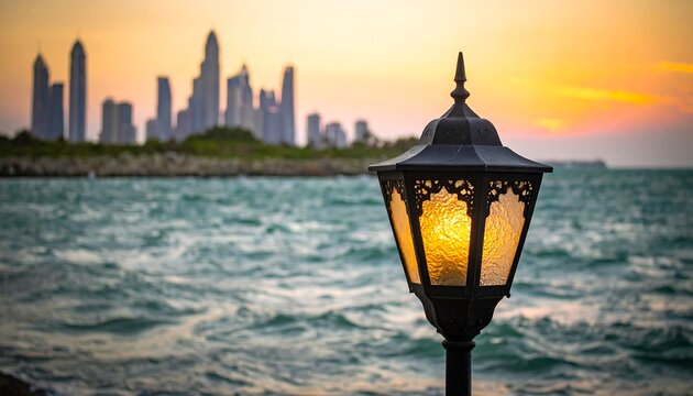 Coastal sunset, lamp post, city skyline