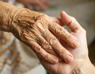 Fototapeta premium Caring nurse holds elderly patient's arthritic hand offering comfort in hospice home