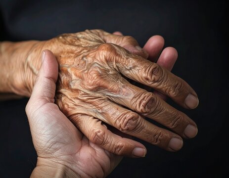 Caring nurse holding arthritic senior patient's hand in hospice for support and comfort