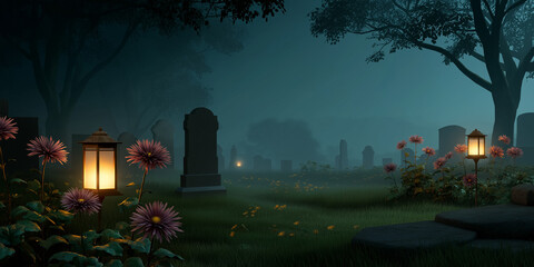 Eerie graveyard at night with tomb stones, illuminated lamps, grass, and flowers with a misty fog in the background.