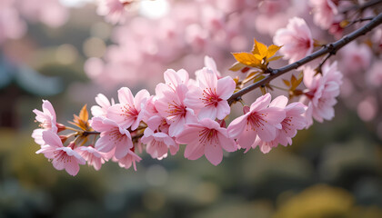 A vibrant pink cherry tree branch with delicate blossoms blooms beautifully in the spring garden