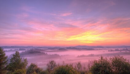Obraz premium Panoramic sunrise over a misty landscape