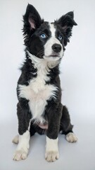 Fototapeta premium A captivating image of a young border collie puppy, seated against a plain gray background, showcasing its striking black and white coat and bright blue eyes.