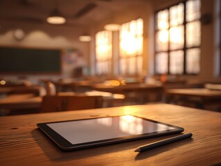 AI in education, tablet on desk with stylus, warm classroom light, screen content abstract, approachable tone
