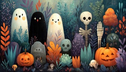 Ghosts, pumpkins, and skeleton hands in vector Halloween set.