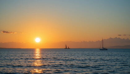 A breathtaking summer evening silhouette of a sailboat on the orange horizon as the sun sets over the calm ocean