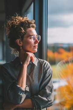 An employee looking thoughtfully out of an office window at an autumn scene, contemplating future business strategy and goals. 