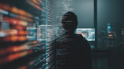 AI code on transparent screen overlay, developer silhouette, dark mode office, cinematic lighting 