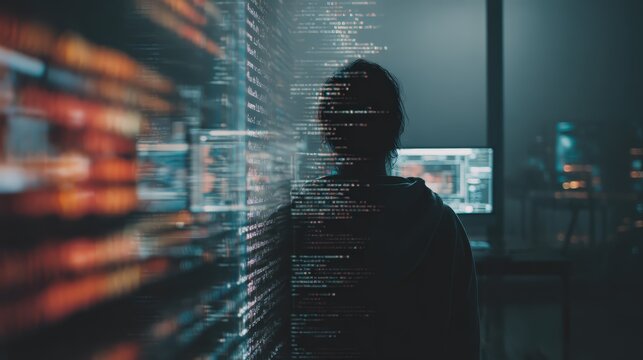 AI code on transparent screen overlay, developer silhouette, dark mode office, cinematic lighting  - Powered by Adobe