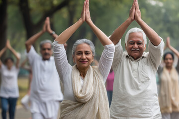 Indian senior citizens doing yoga in park