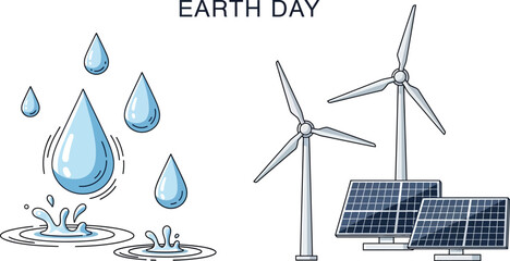 Earth day illustration featuring water drops, wind turbines, and solar panels