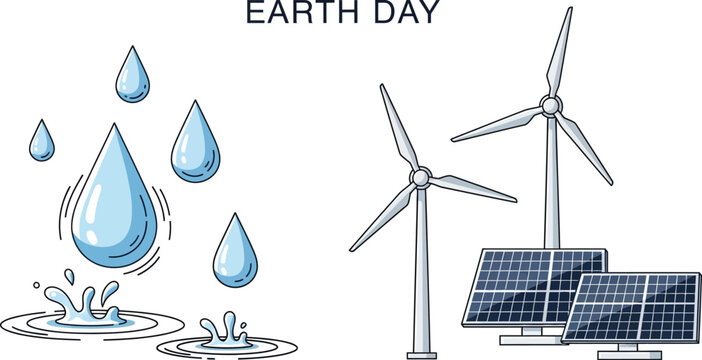 Earth day illustration featuring water drops, wind turbines, and solar panels