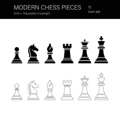 Minimalist chess piece icon set on white background