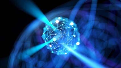 Quantum entanglement visualization of interconnected energy particles with light beams emanating outwards