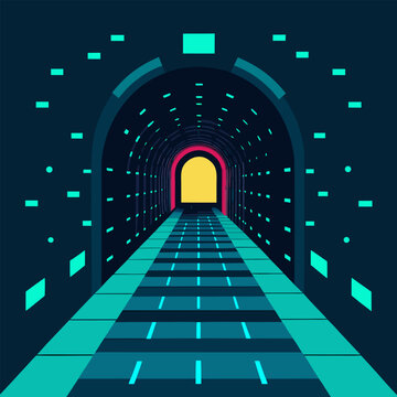 Abstract futuristic tunnel with glowing binary code particles