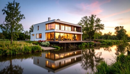Modern home by a tranquil waterway at sunset