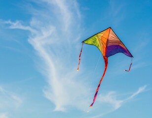 Colorful kite soaring in a partly cloudy sky