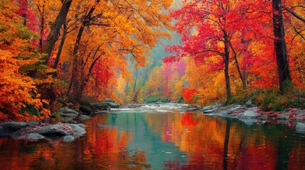 Autumnal forest stream reflecting vibrant foliage