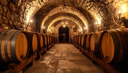 Rustic Wine Cellar with Wooden Barrels and Stone Archway