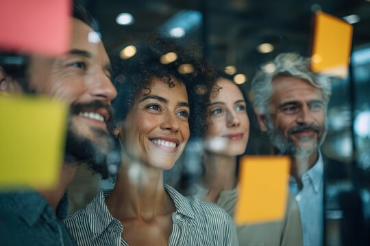 "Diverse team brainstorming with sticky notes, glass wall reflections, natural light, candid corporate culture, inclusive 