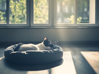 Peaceful tuxedo cat napping in sunlit room