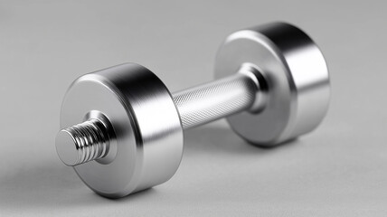 Obraz premium Modern fitness dumbbell with polished chrome ends and detailed grip texture presented on minimalist studio backdrop for strength training concepts