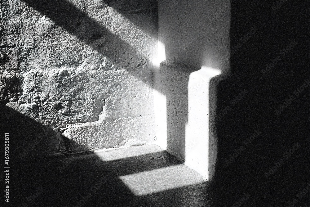 Poster Shadows and light create patterns on the textured wall in an indoor setting during daylight hours