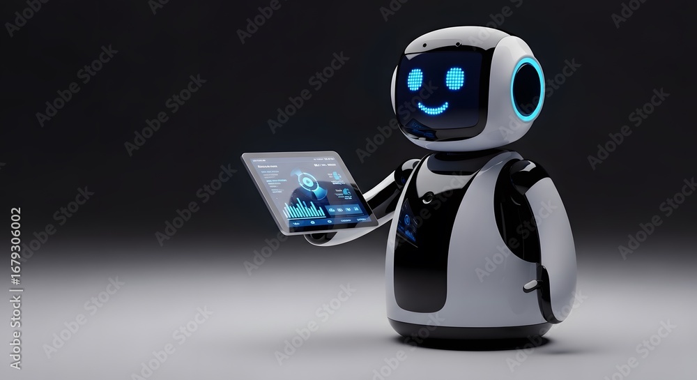 Aufkleber friendly futuristic ai robot presenting data on a digital tablet artificial intelligence technology 