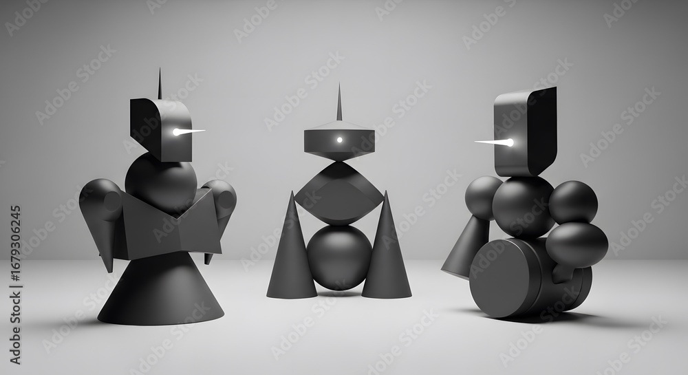Poster abstract geometric minimalist robot-like figures glowing eyes on light gray 3d render monochrome mod