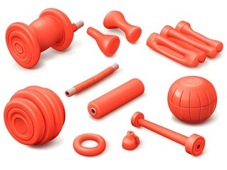 Red Fitness Equipment Isometric Illustrations, Dumbbells, Weights, and More