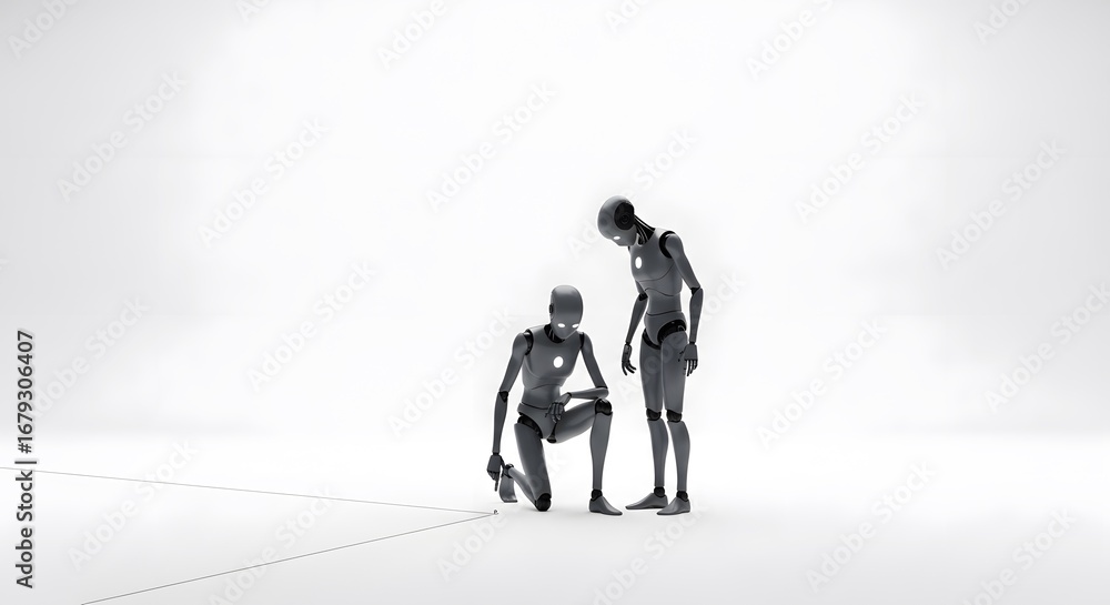 Aufkleber two humanoid robots drawing a precise geometric line ai technology future collaboration precision en