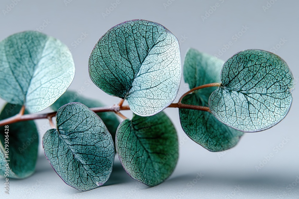 Poster delicate eucalyptus leaves with intricate textures displayed on a soft blue background during daylig