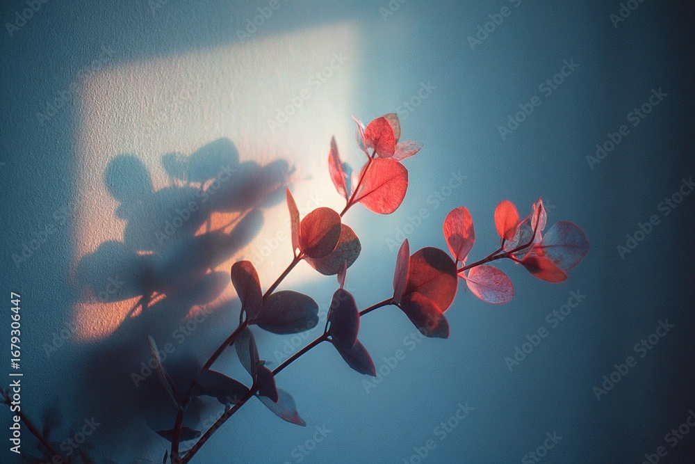 Poster sunlight casts colorful shadows on a branch with leaves in a serene indoor setting during the aftern