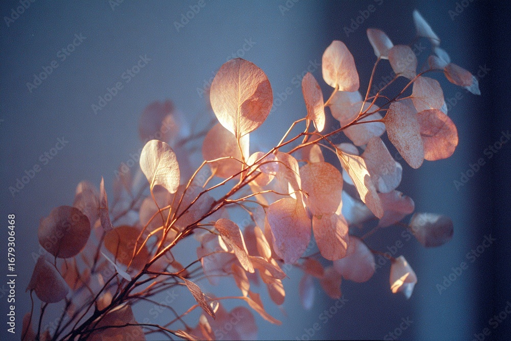 Poster delicate branches with dried leaves illuminated by soft light in a calm indoor setting during aftern