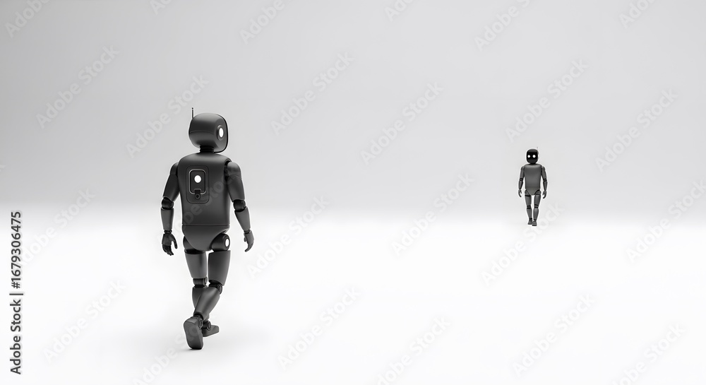 Poster two minimalist robots walking across a vast empty white studio ai future technology innovation conne