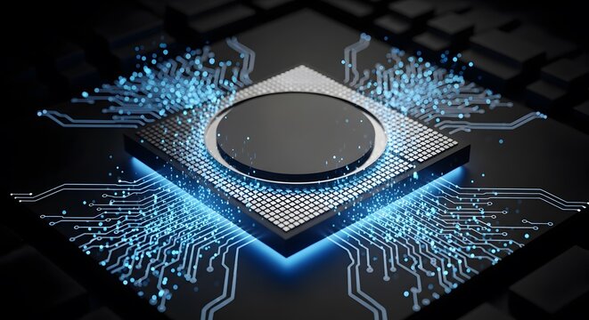 futuristic glowing CPU processing data on dark circuit board technology digital AI computing network innovation cybersecurity