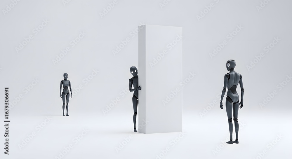 Poster curious dark robots peeking from behind white block minimalist ai technology future robotics droid 3