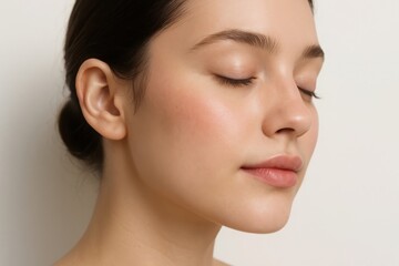 Close-up profile portrait of a young woman's face with eyes closed serene and peaceful