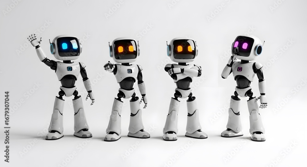 Aufkleber four futuristic ai robots showing diverse poses and colorful expressions technology innovation digit