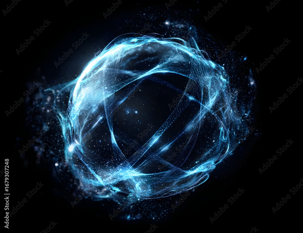 Poster an abstract swirl of luminous blue particles, creating a dynamic visual representation of energy and