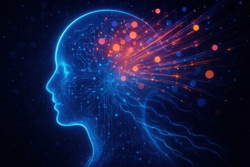 Abstract glowing human head profile with neural network energy emanating ideas and concepts