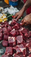 Butcher Cutting Fresh Red Meat Cubes at Market