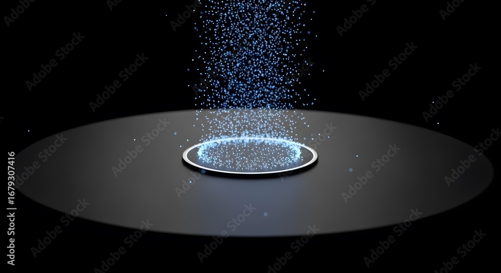 Poster futuristic blue particles falling onto glowing circular platform abstract data energy technology con