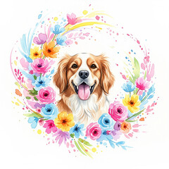 golden retriever puppy with flowers