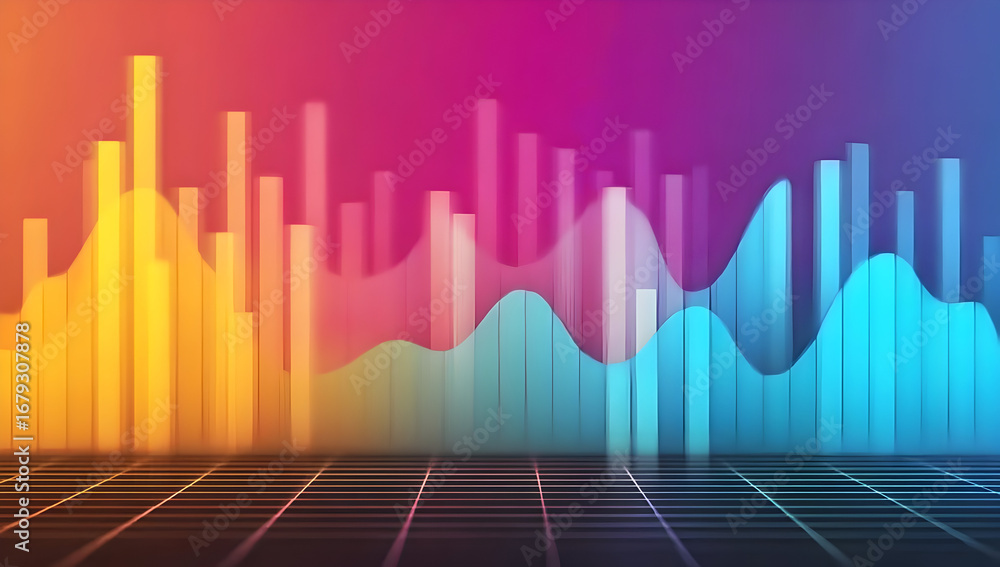 Poster a vibrant digital representation of data visualizations featuring colorful bar graphs and wave patte
