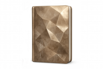 Gold polygonal pattern adorning closed hardcover book, floating against transparent backdrop, ideal for graphic design compositions
