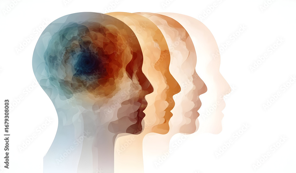 Poster abstract representation of human emotions and thoughts, featuring silhouettes of faces in gradient c