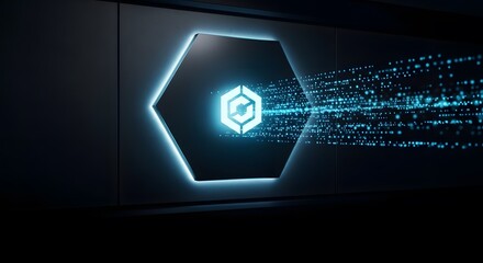 Futuristic blue glowing hexagon logo digital data streaming concept blockchain security network cybersecurity innovation AI connection